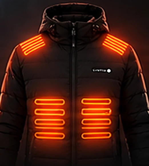Heizjacke auf Stufe Hoch mit hell leuchtenden Heizelementen