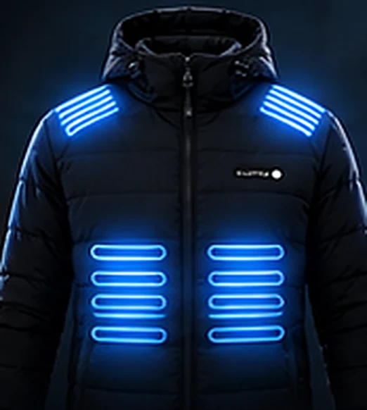 Heizjacke auf Stufe Niedrig mit leuchtenden Heizelementen