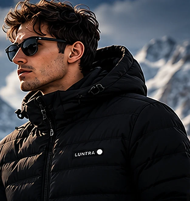 Mann mit Sonnenbrille und Rucksack trägt die Luntra Heizjacke in den Bergen