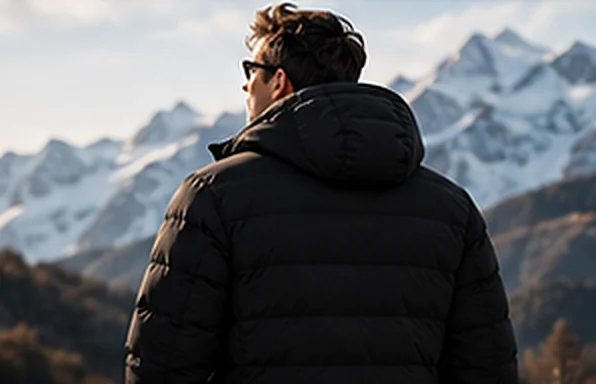 Rückansicht der Luntra Heizjacke vor einem Bergpanorama